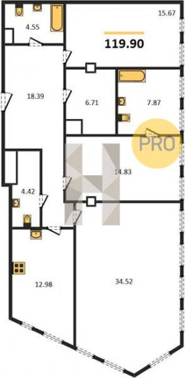 Трёхкомнатная квартира 119.9 м²