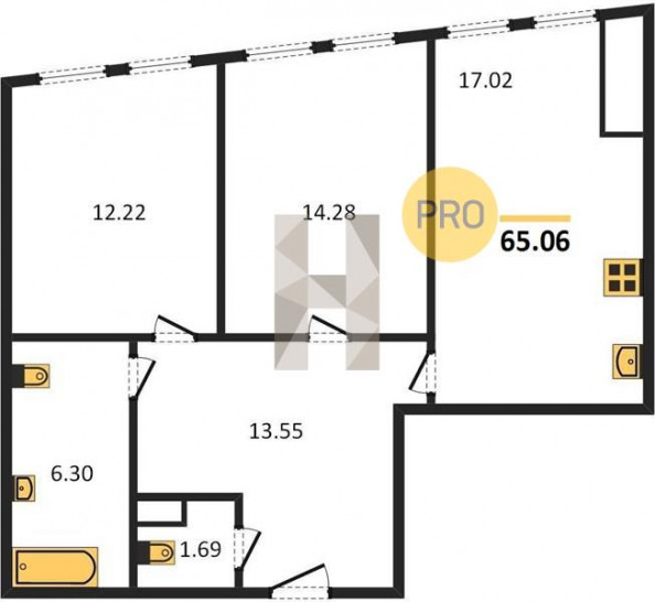 Двухкомнатная квартира 65.06 м²
