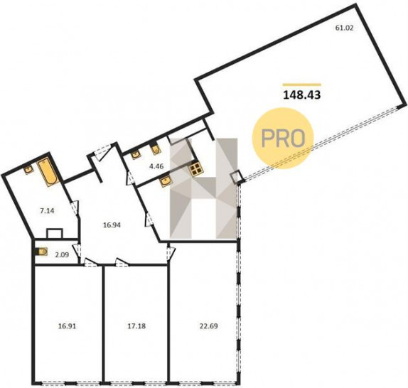 Трёхкомнатная квартира 148.43 м²
