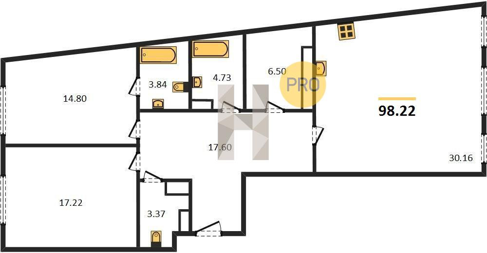 Двухкомнатная квартира 98.22 м²