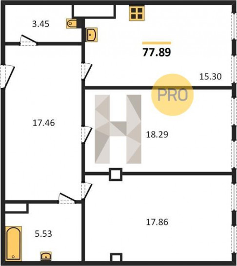 Двухкомнатная квартира 77.89 м²