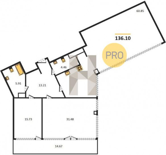 Двухкомнатная квартира 136.1 м²