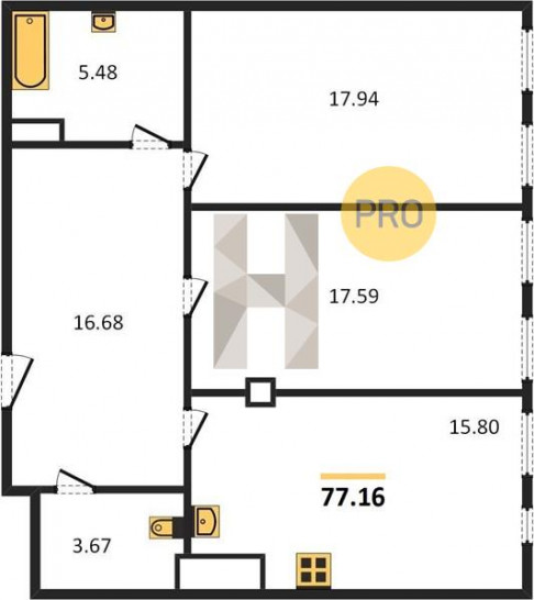 Двухкомнатная квартира 77.16 м²